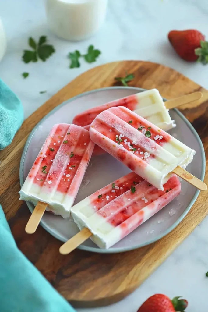Colorful strawberry milk ice pops on a wooden stick, perfect for summer treats.