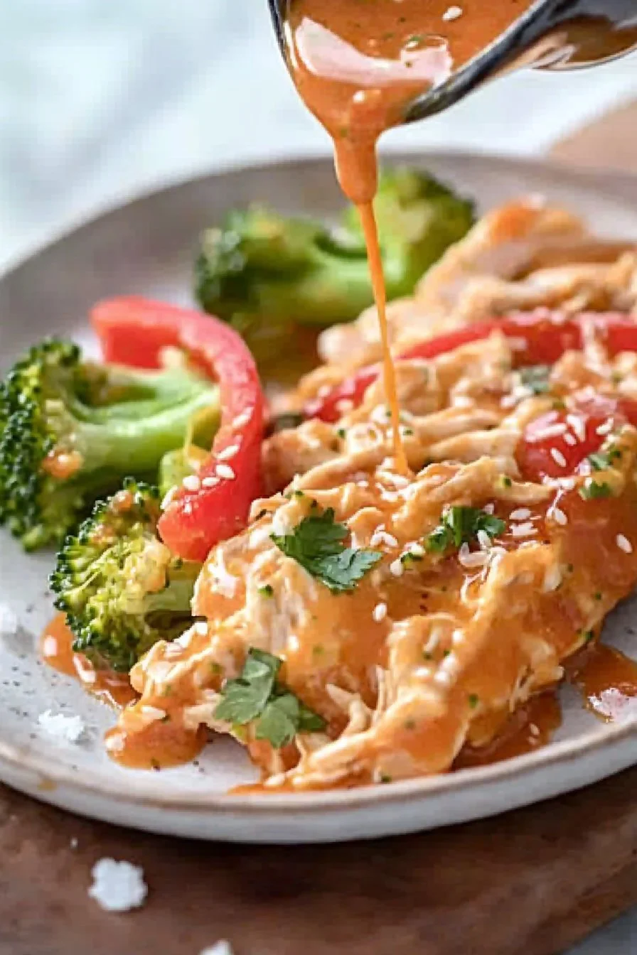 Delicious sweet chili sauce poured over fresh vegetables and grilled chicken