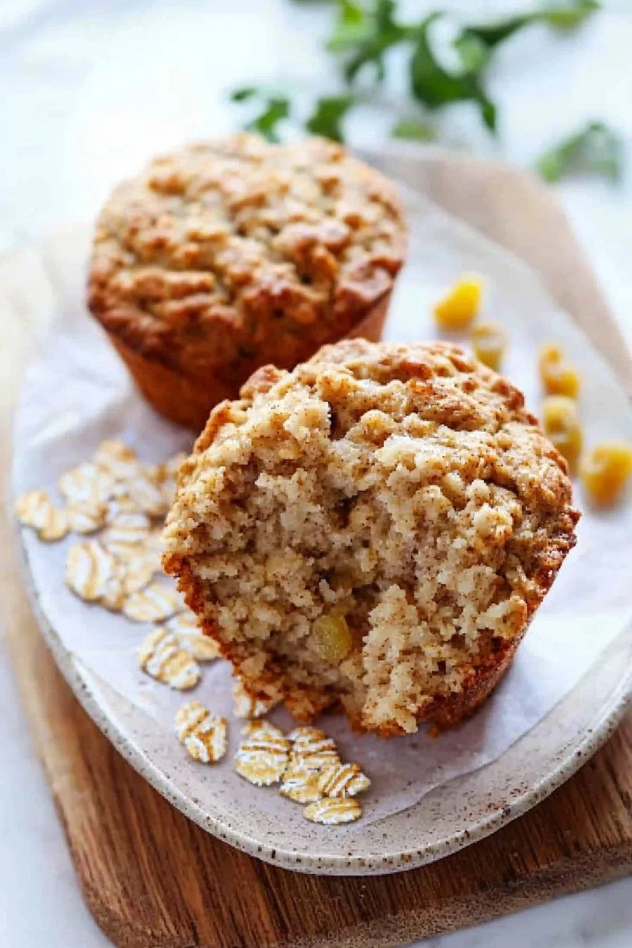 Sweet oatmeal breakfast muffin with a golden-brown top and a sprinkle of oats.