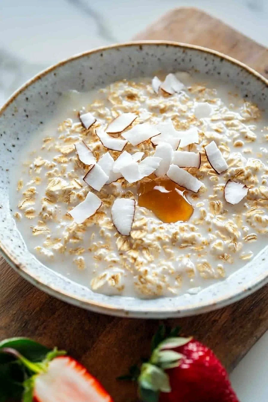 Bowl of tasty coconut cream oats topped with fresh fruits and nuts
