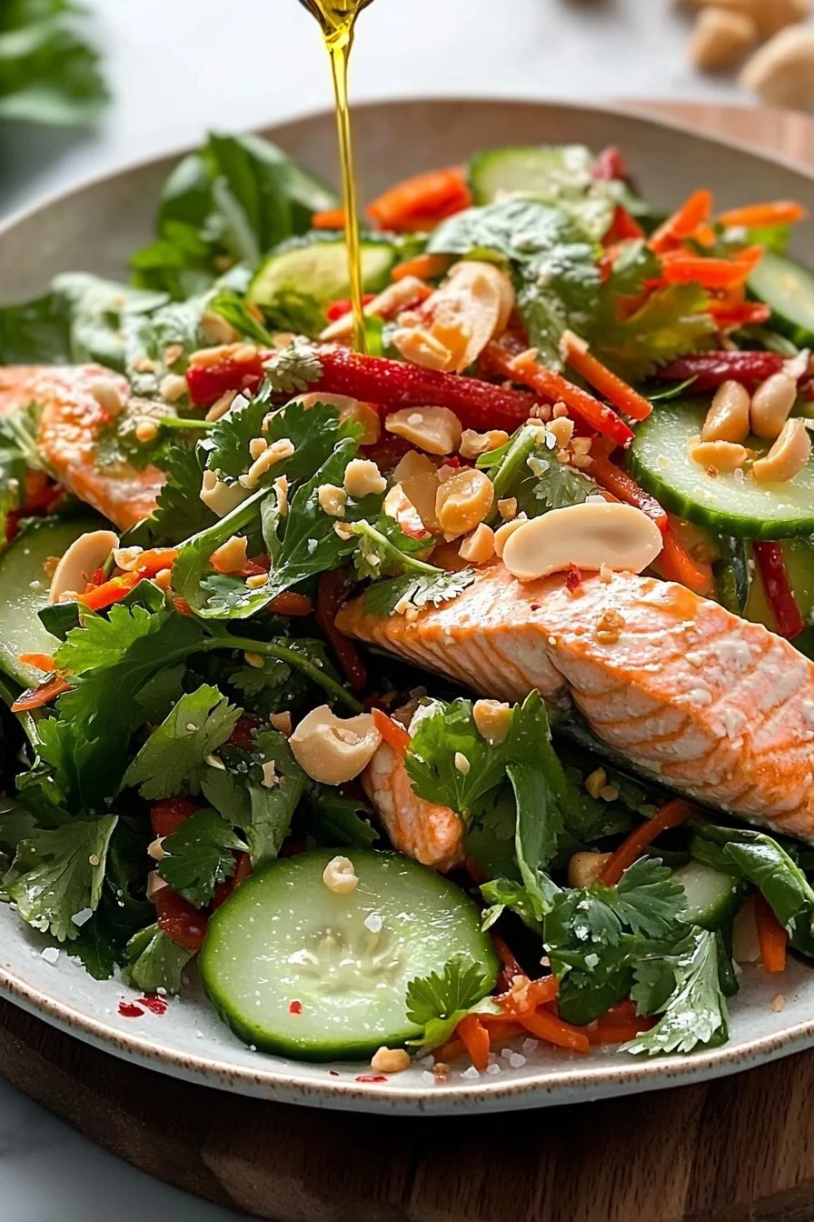 Delicious Thai-style Salmon Salad with fresh vegetables and herbs