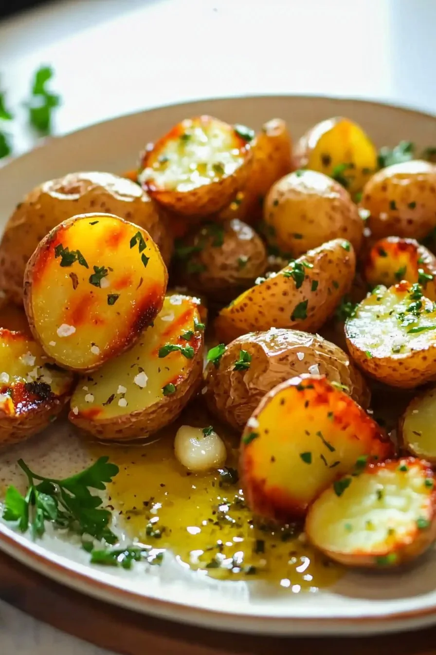 Delicious garlic herb roasted potatoes, golden and crispy on the outside.