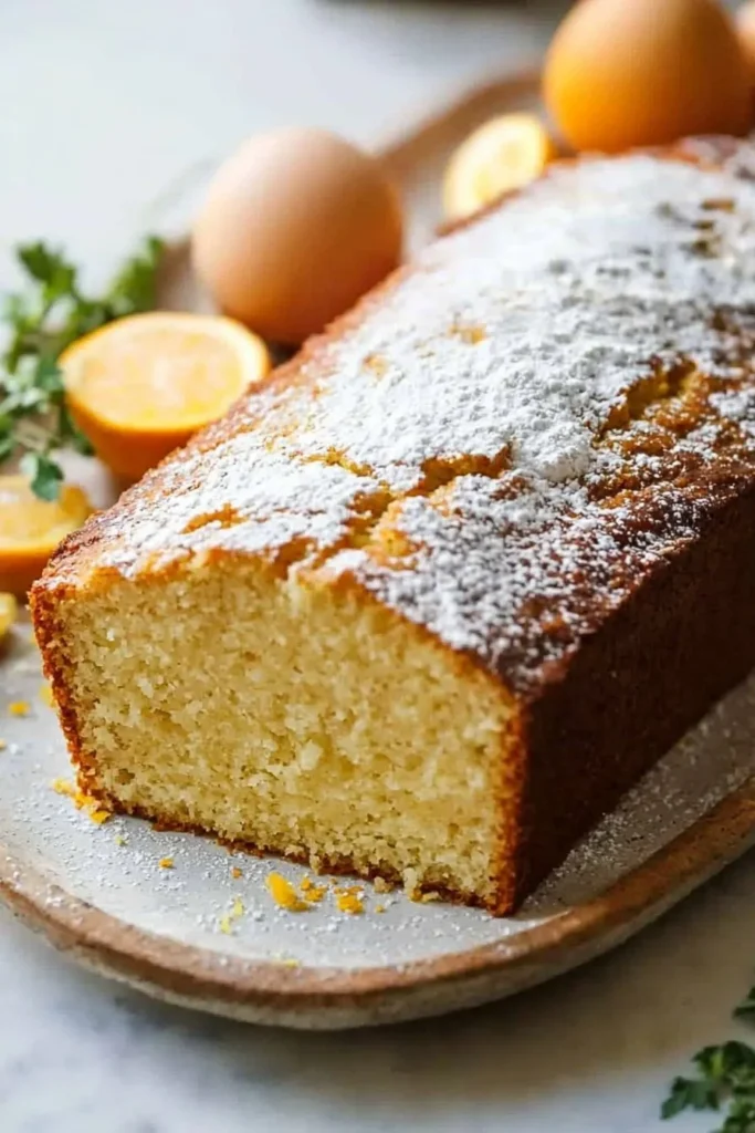 A delicious slice of homemade orange loaf cake on a wooden table