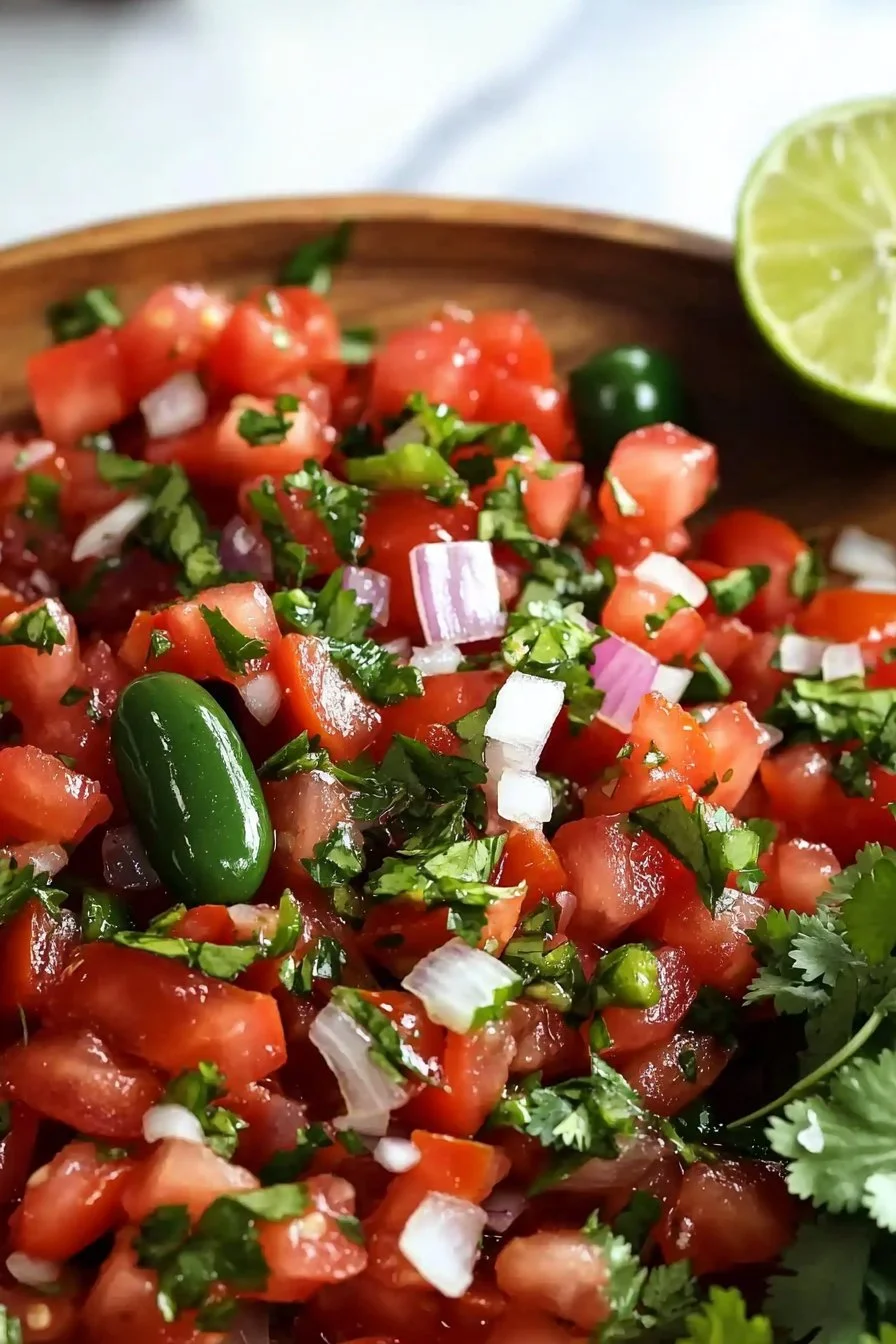 A bowl of fresh Pico De Gallo with tomatoes, onions, and cilantro.