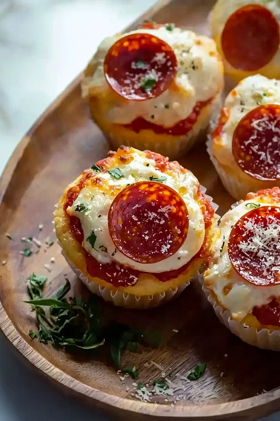 Delicious pizza cupcakes topped with cheese and pepperoni, perfect for any event.