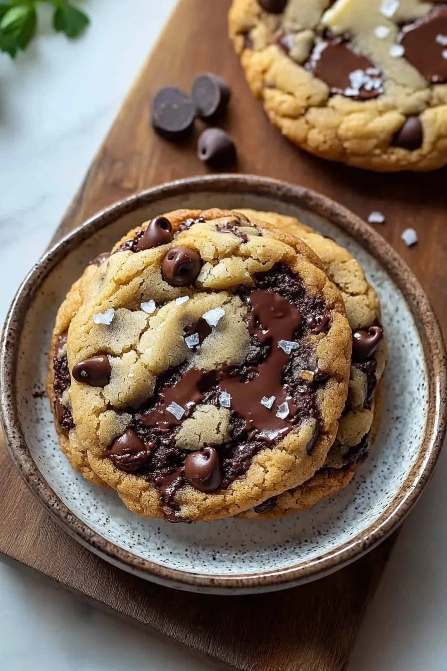 Thick and gooey two-chip chocolate chip cookies fresh out of the oven