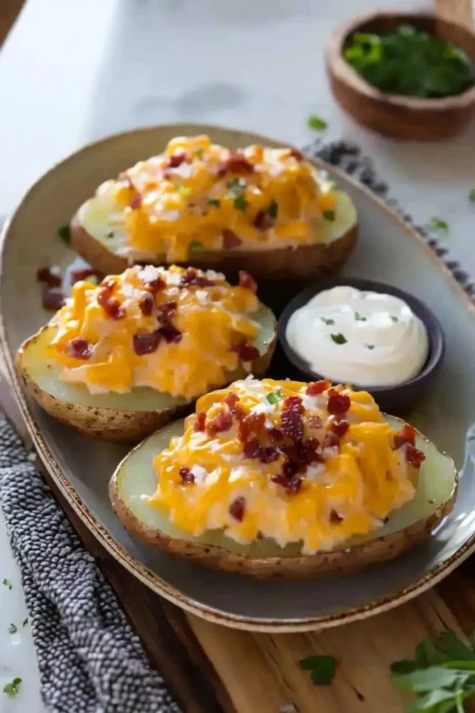 Twice Baked Loaded Breakfast Potatoes topped with cheese and green onions