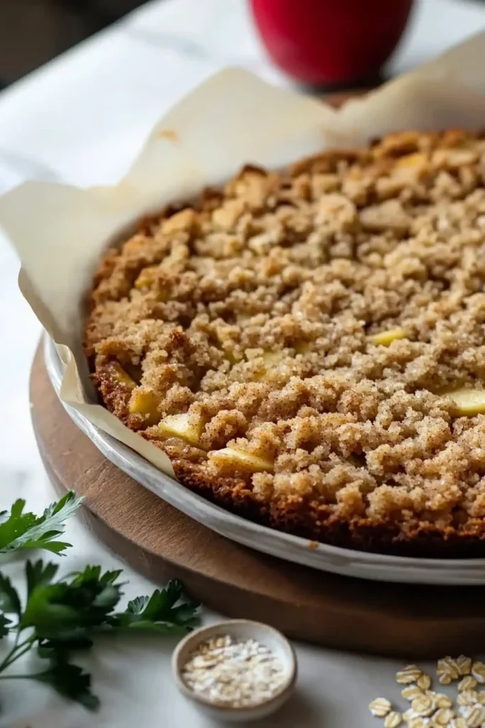 Slice of Ultimate Apple Crumb Cake topped with crumb mixture and apple slices