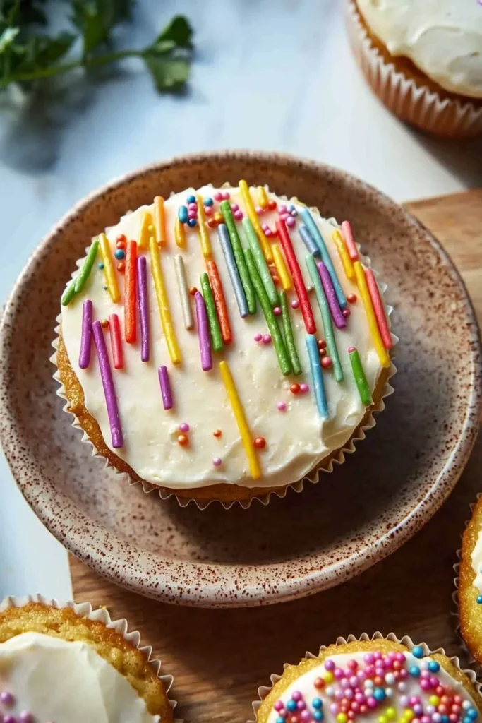 Colorful and decorated ultimate birthday cupcakes on a festive table.