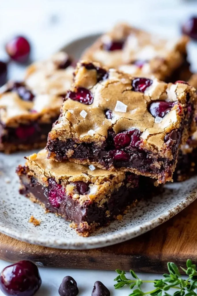 Delicious ultimate chocolate chip cherry bars with melted chocolate and cherries