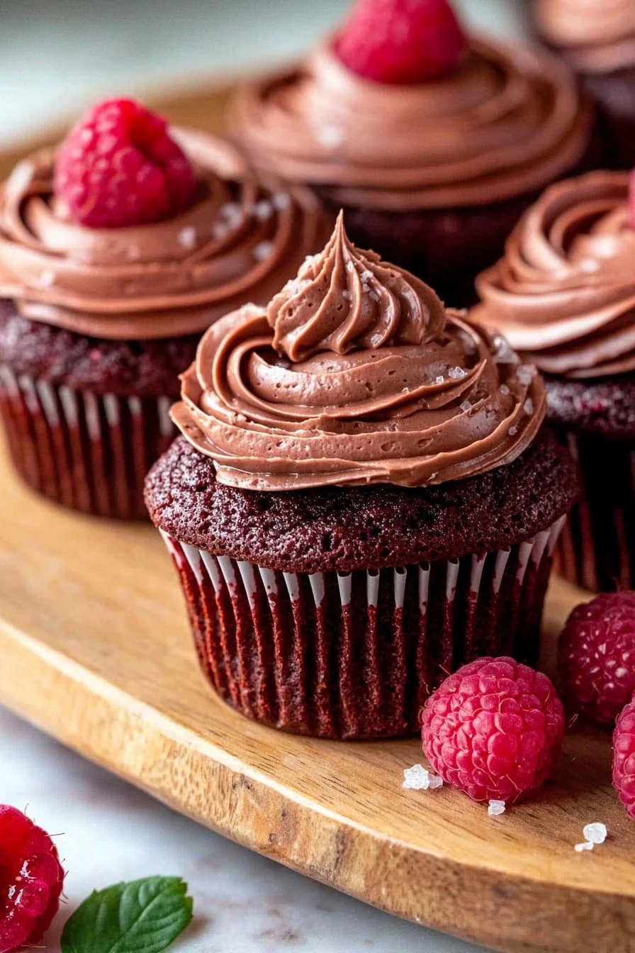 Ultimate chocolate raspberry cupcakes topped with fresh raspberries and chocolate frosting.