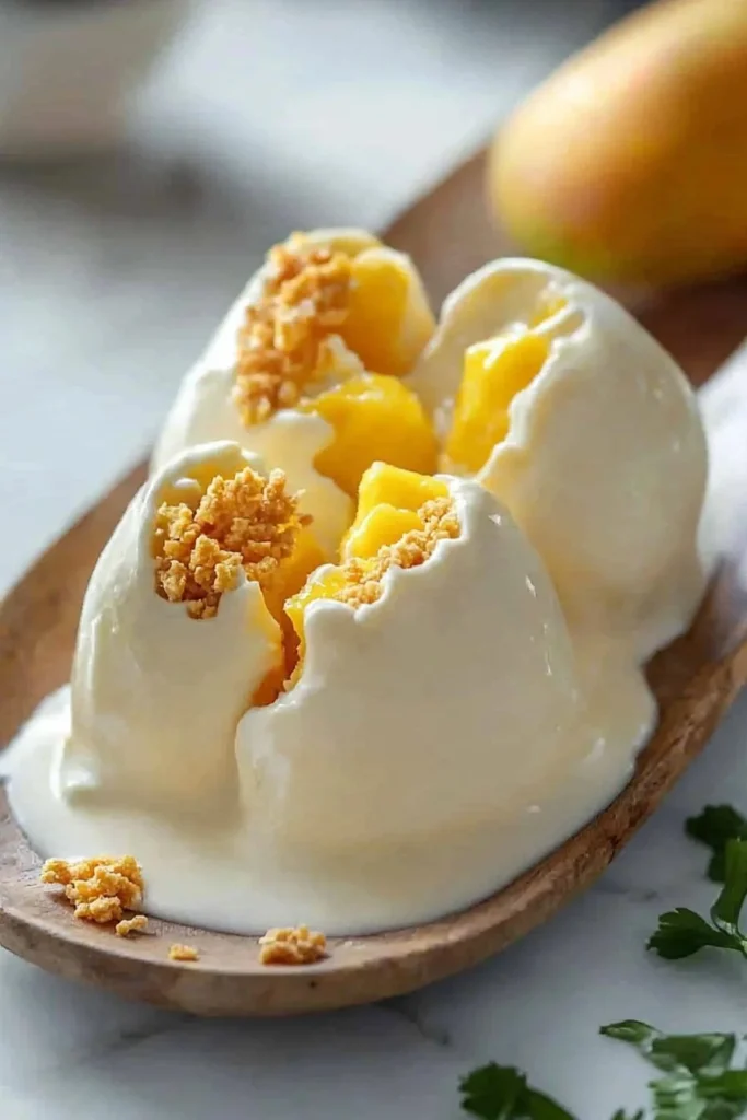 Delicious crispy mango ice cream topped with crunchy bits