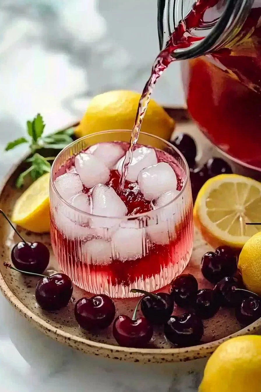 Refreshing homemade cherry lemonade in a glass with ice and lemon slices