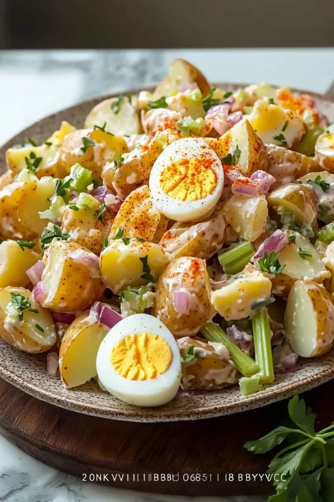 Bowl of Ultimate Potato Salad garnished with herbs and vegetables