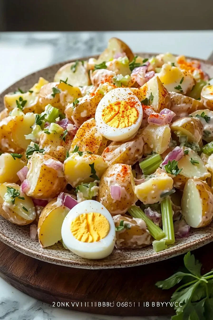Bowl of Ultimate Potato Salad garnished with herbs and vegetables