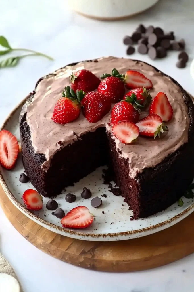 Delicious Ultimate Strawberry Chocolate Cake with fresh strawberries and chocolate frosting
