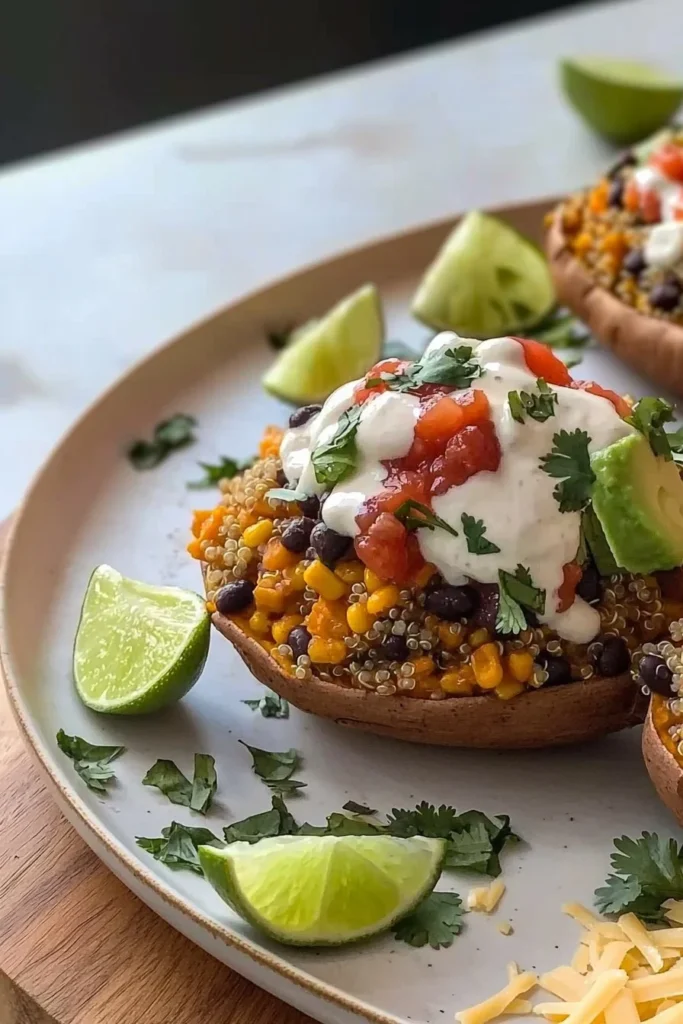 Deliciously baked stuffed sweet potatoes topped with savory ingredients