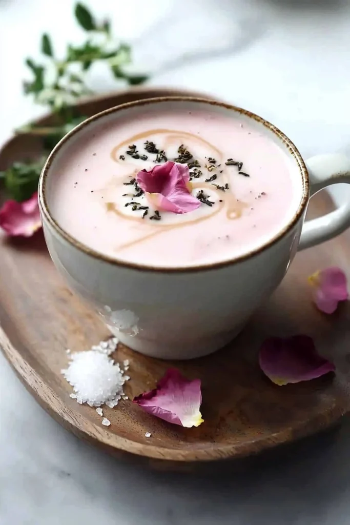 Delicious Vanilla Rose Tea Latte garnished with rose petals and served in a cup.