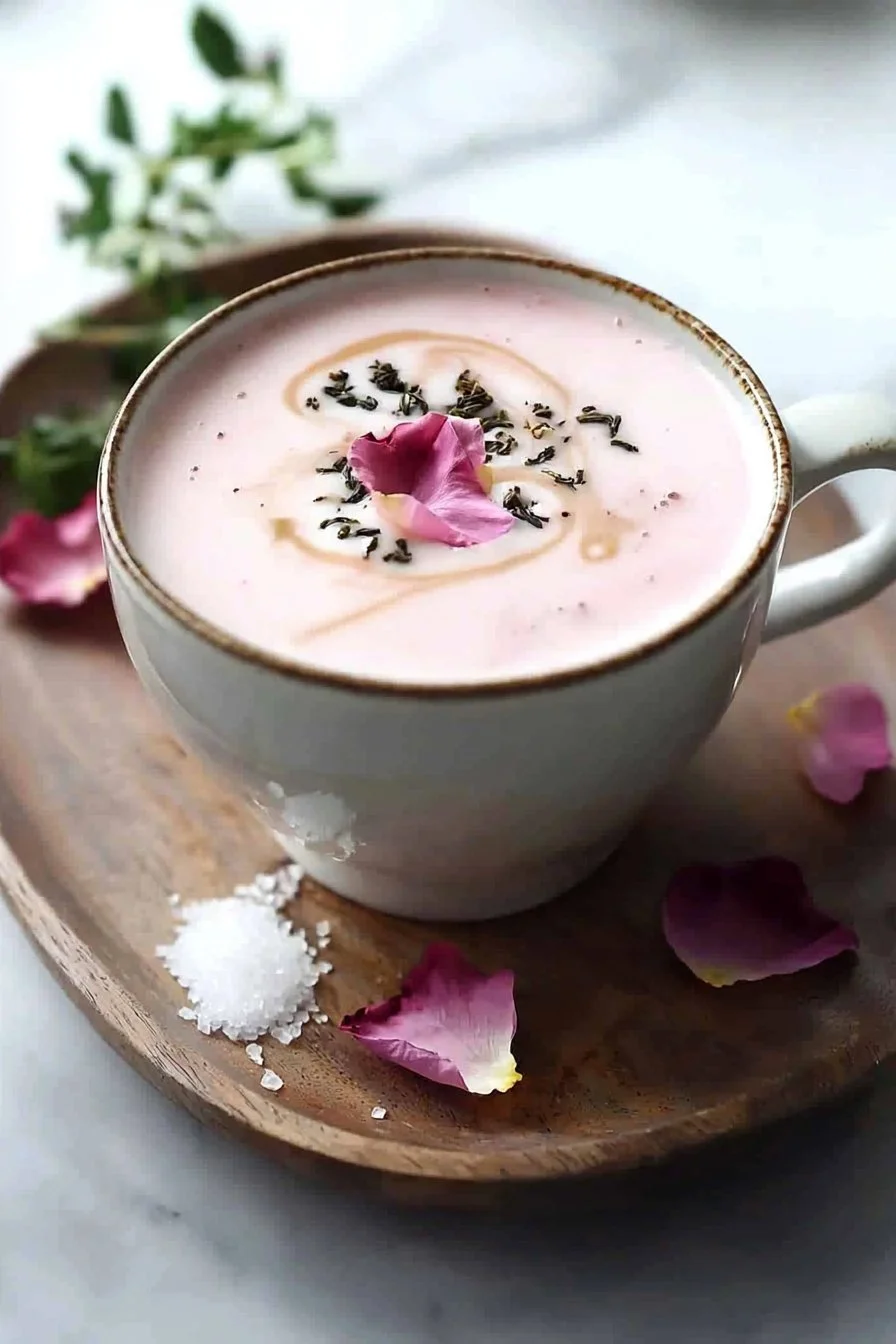 Delicious Vanilla Rose Tea Latte garnished with rose petals and served in a cup.