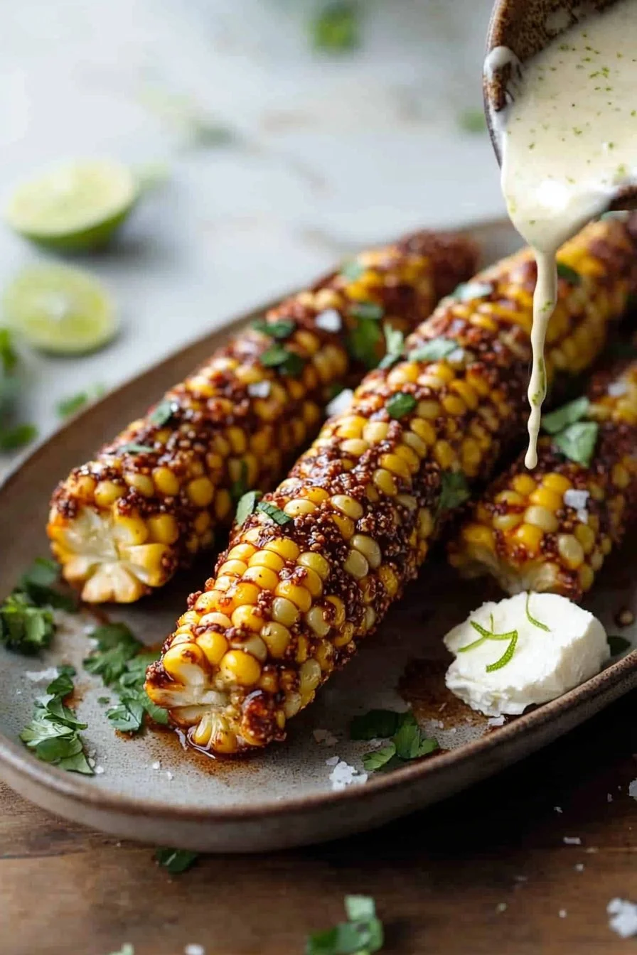 Crispy Vegan Corn Ribs with Aleppo Chili Butter and Lime Zest Cream Cheese on a plate.