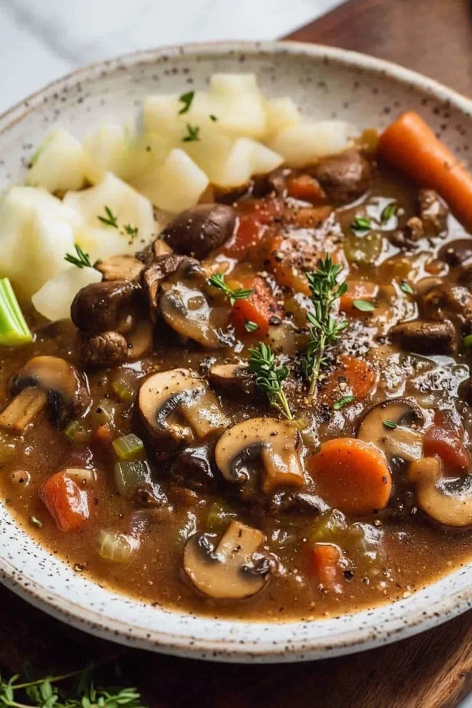 Bowl of delicious vegan mushroom stew garnished with fresh herbs.