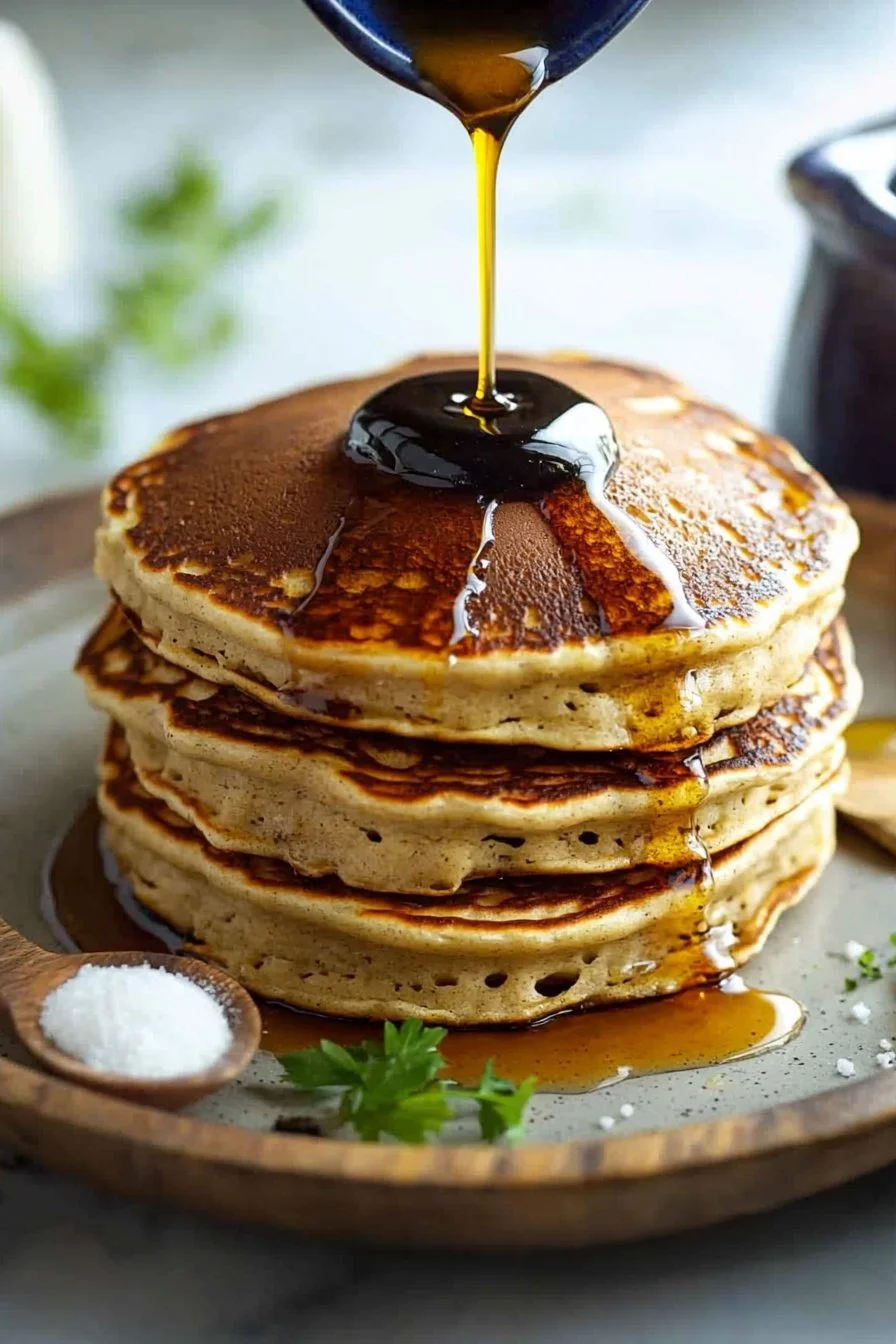 Fluffy vegan pancakes stacked with fresh berries and maple syrup