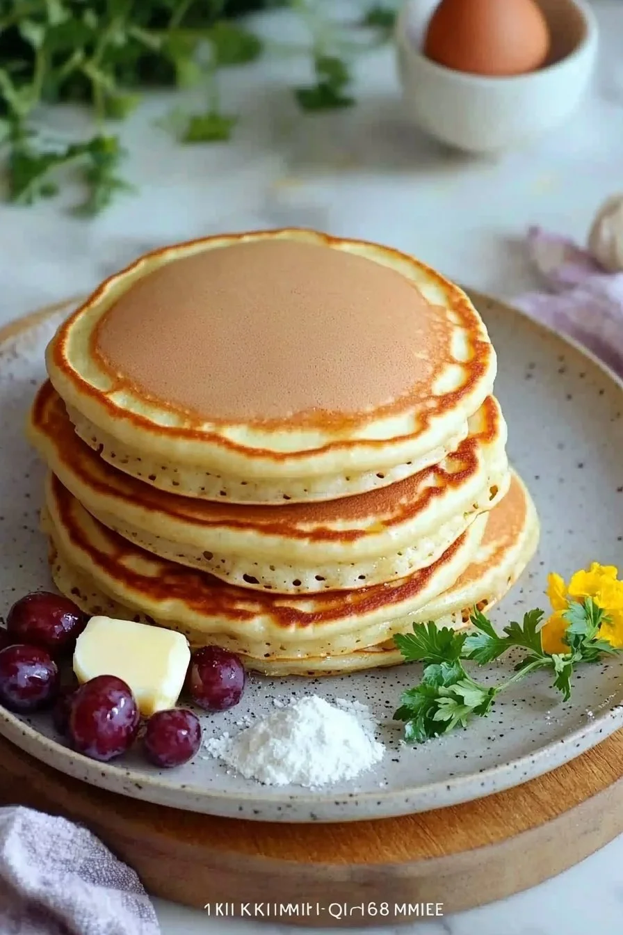 Delicious warm fluffy pancakes served with syrup and berries