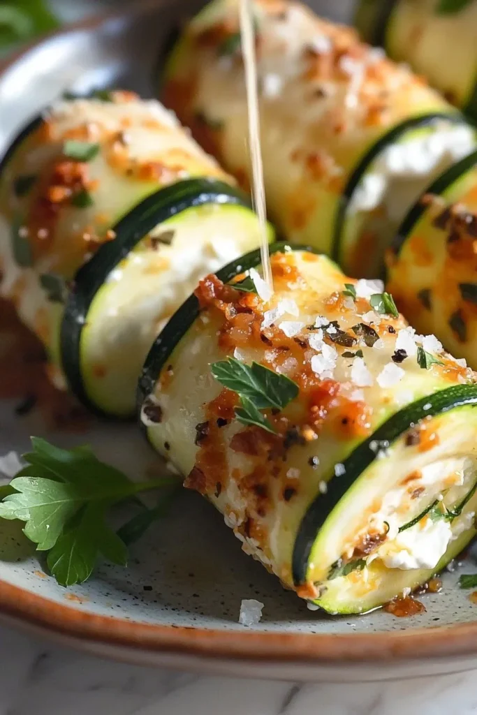Healthy zucchini roll ups filled with cheese and herbs, served on a plate.