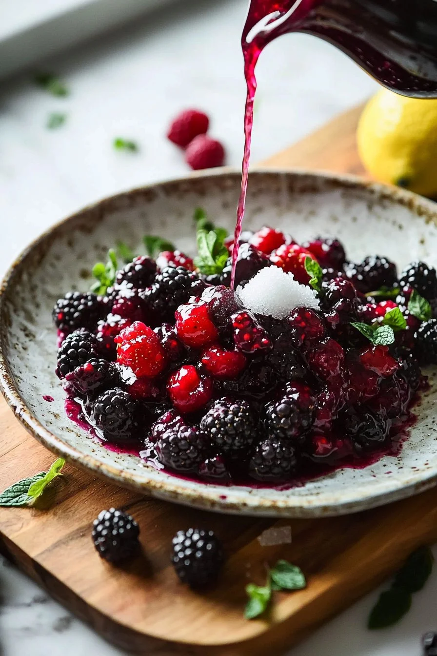 Homemade mixed berry compote served in a bowl with fresh berries.