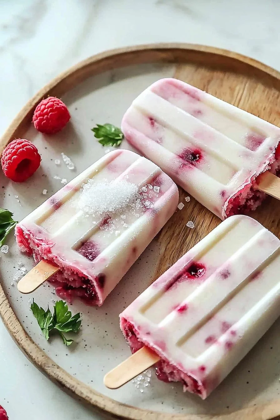 Homemade 3 ingredient raspberry popsicles ready to enjoy on a sunny day.
