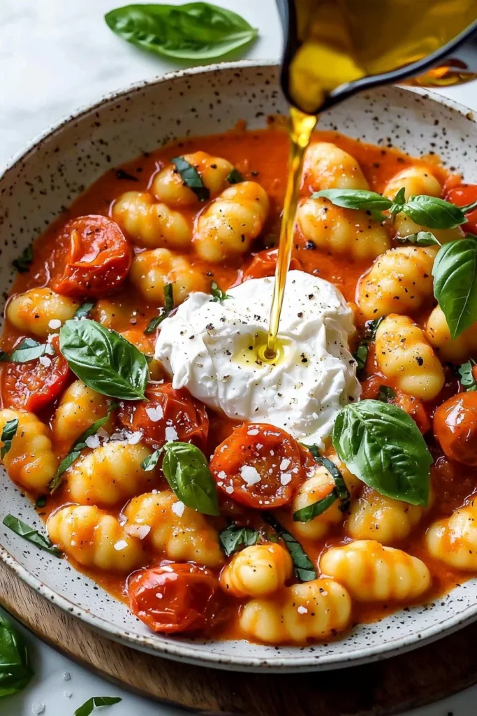 Bowl of creamy tomato gnocchi topped with burrata cheese and fresh basil