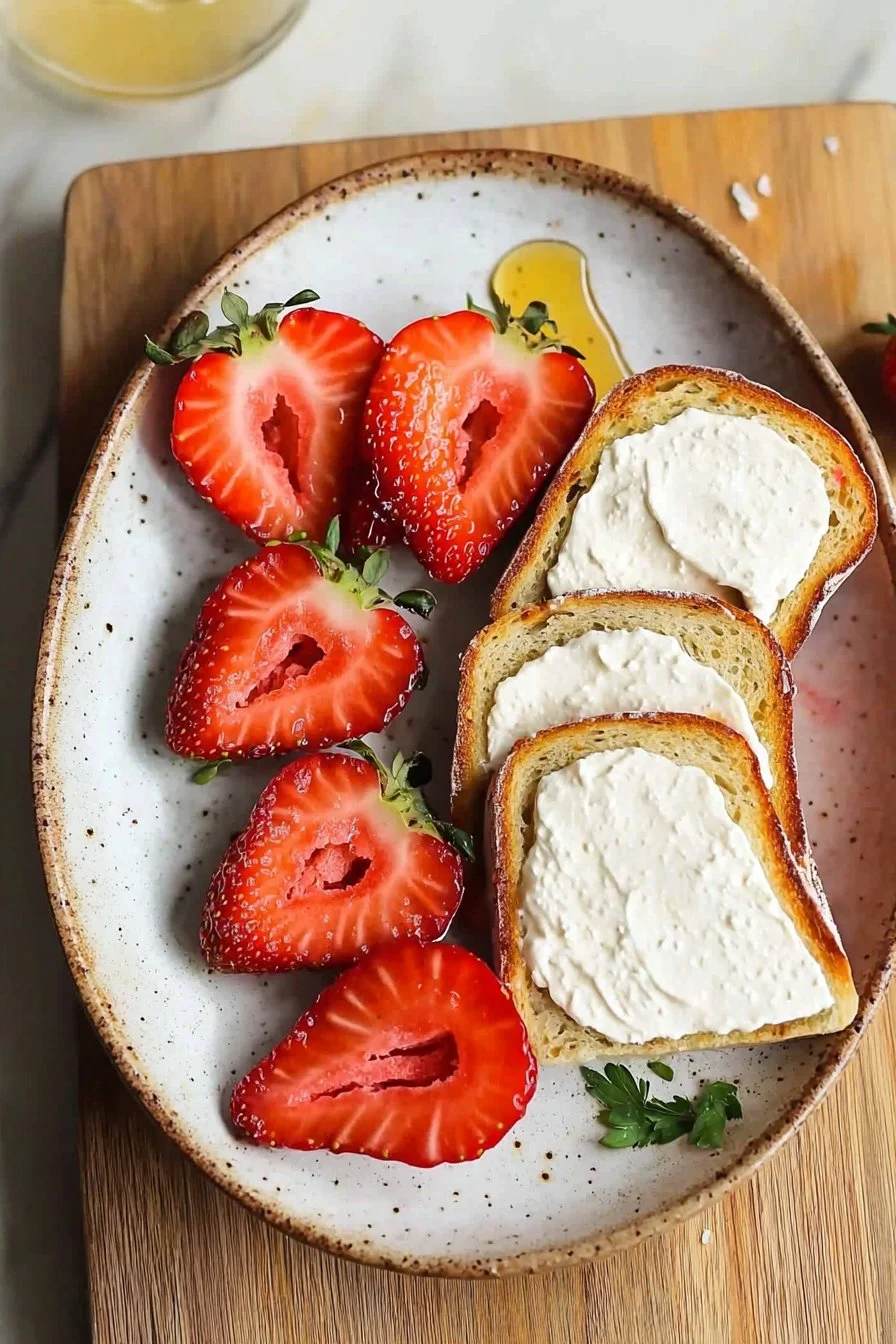 Delicious 4 ingredient strawberry sandwich on a plate with fresh strawberries
