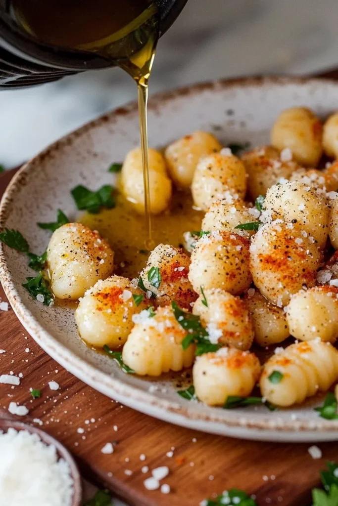 Crispy air fryer gnocchi served in a bowl with herbs and sauce