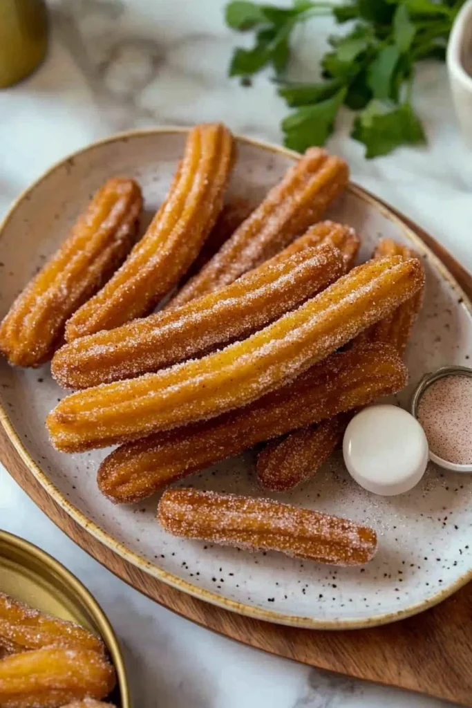 Delicious air fryer light churros served on a plate with sugar coating