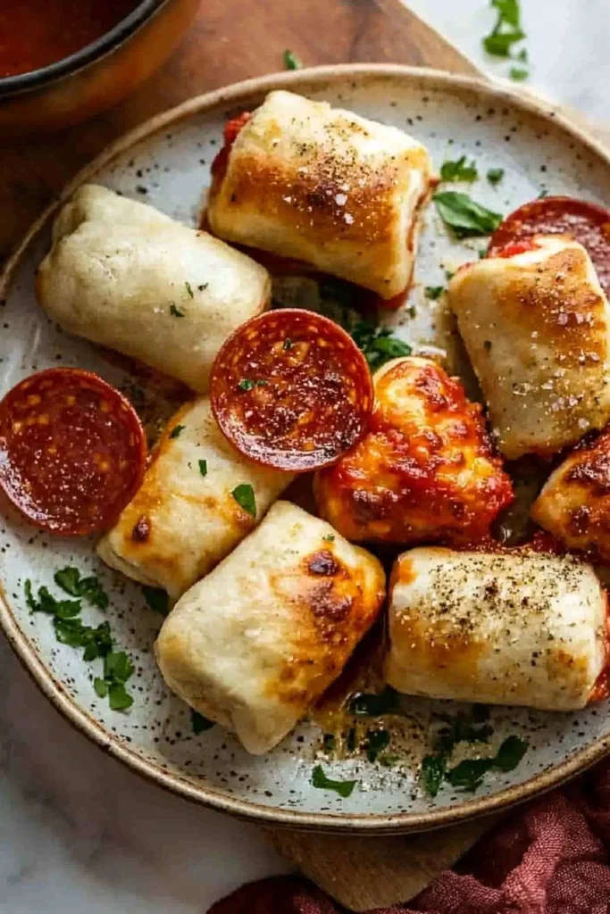 Crispy air fryer pizza rolls served in a bowl with dipping sauce