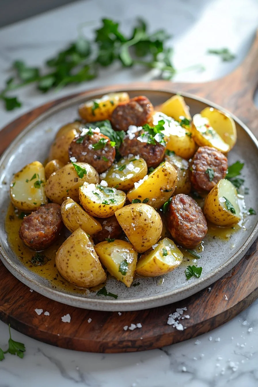 Crispy air fryer potatoes served with beef sausage on a plate