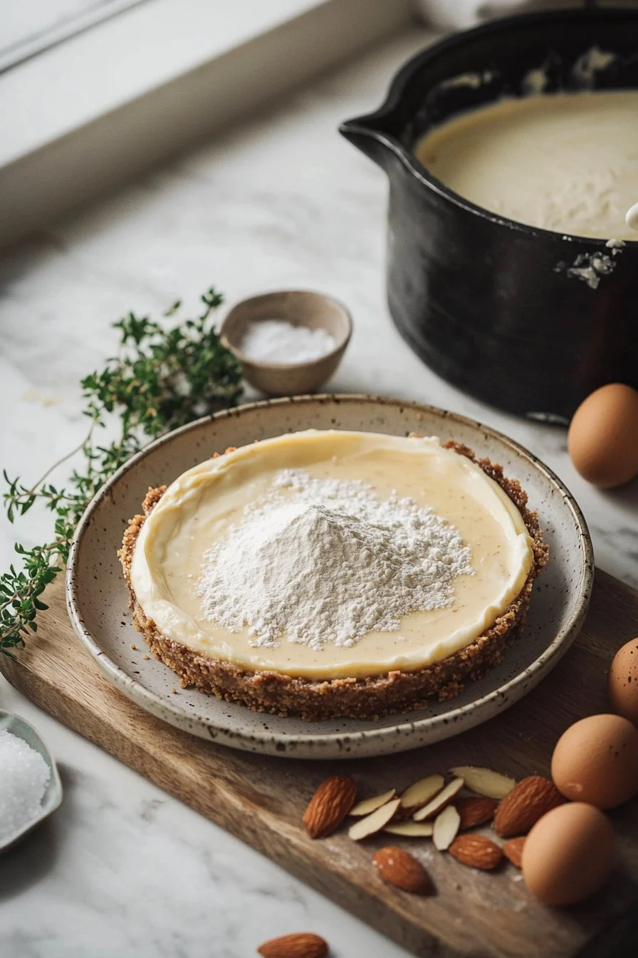Delicious Almond Cheesecake topped with almonds and a creamy texture