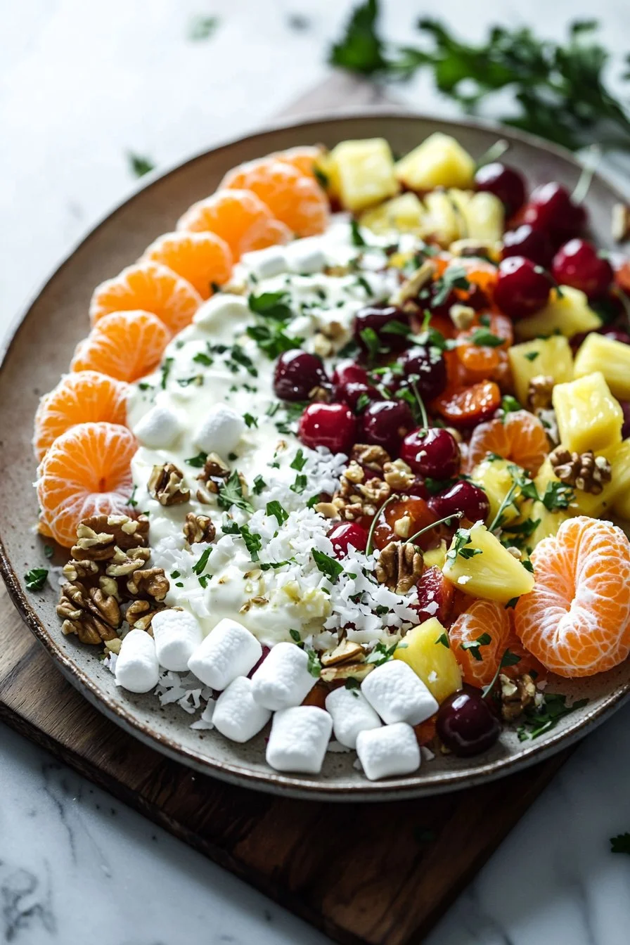 Bowl of Ambrosia Fruit Salad with colorful fruits and a creamy dressing