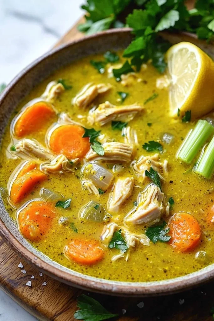 Bowl of anti-inflammatory turmeric chicken soup with herbs and spices.