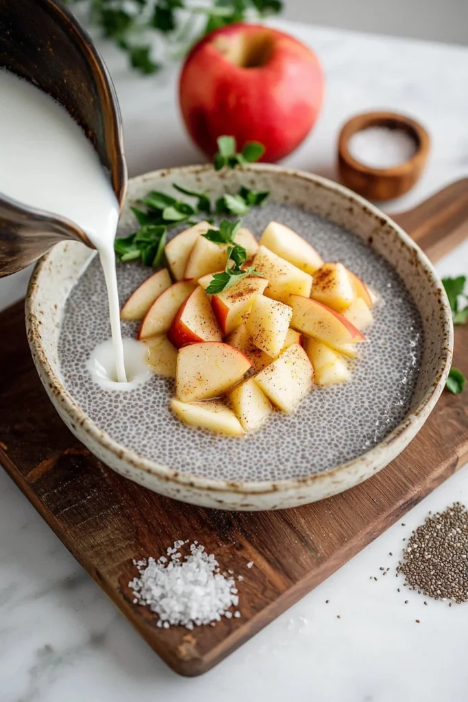 Delicious apple chia pudding topped with fresh apple slices