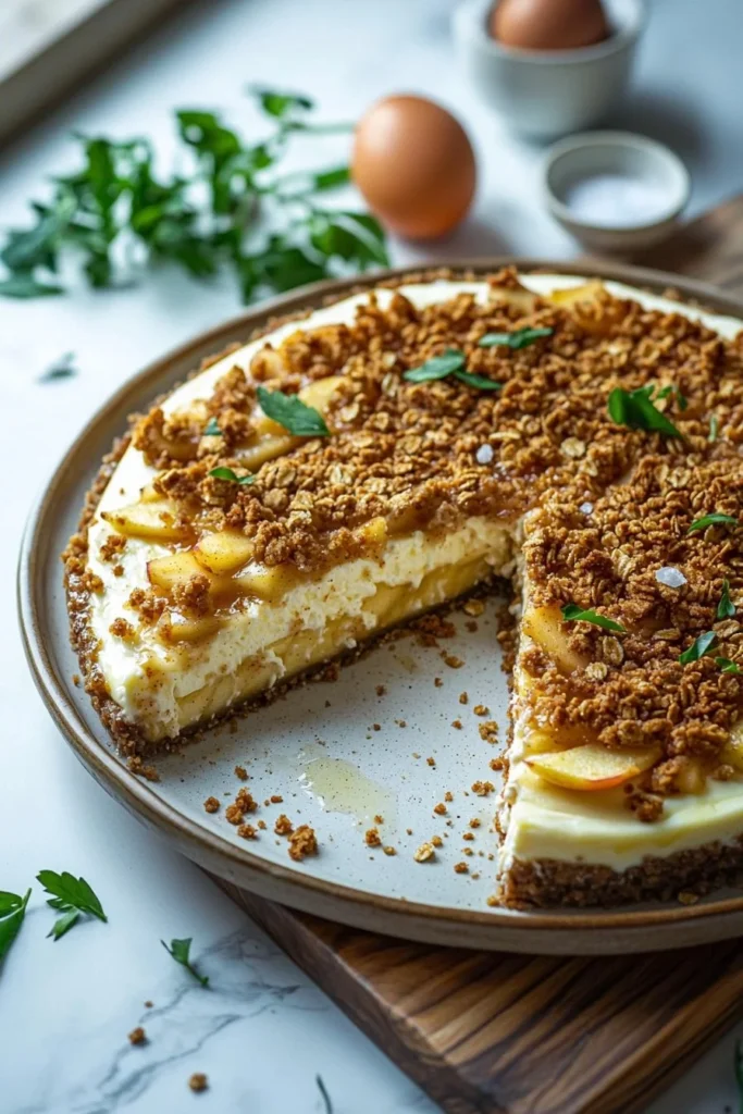 Delicious Apple Crisp Cheesecake topped with crumbly apple topping