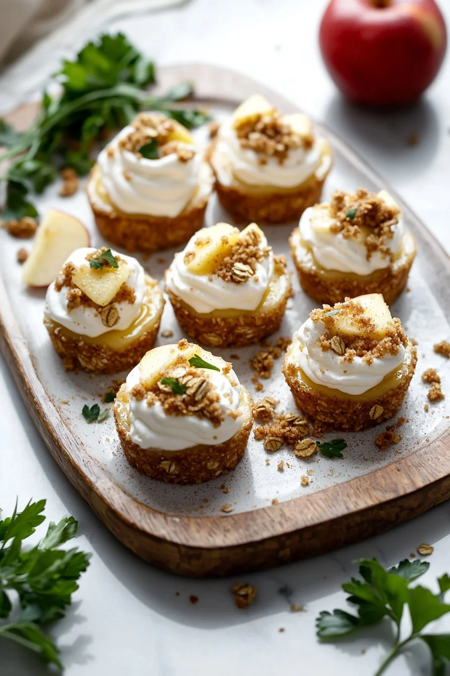 Delicious Apple Crisp Mini Cheesecakes topped with apple and crumb mixture