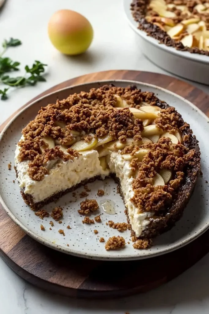 Delicious apple crumble cheesecake topped with crunchy crumble and fresh apples