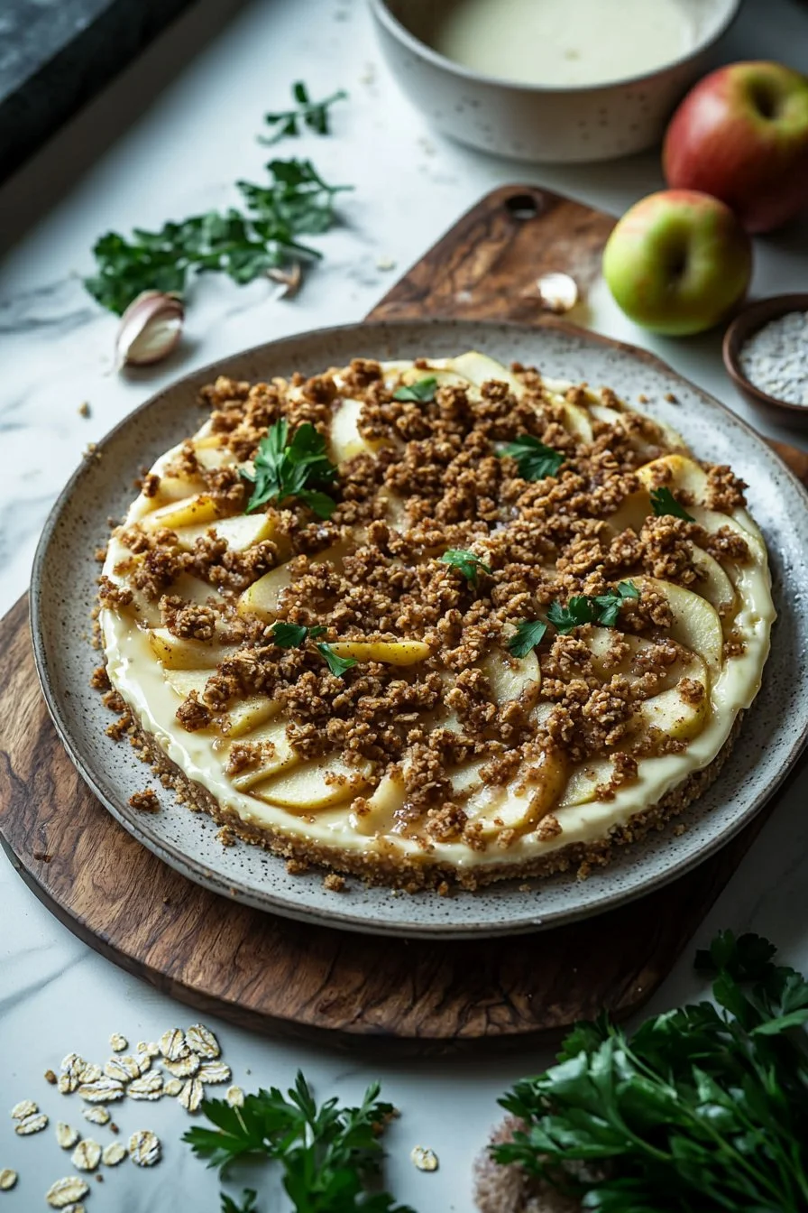 Delicious apple crumble cheesecake topped with apple slices and crispy crumble topping.