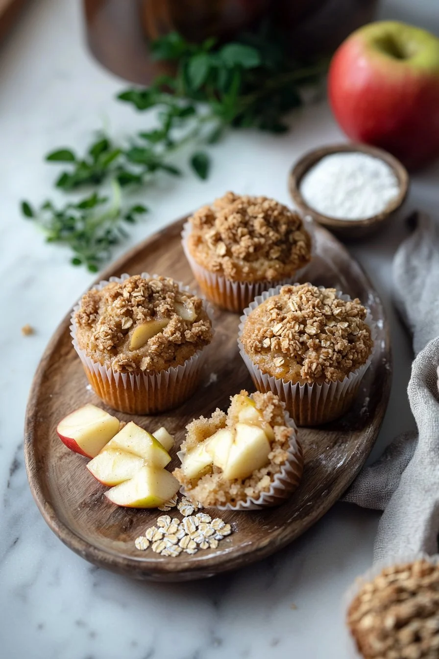 Freshly baked apple crumble muffins topped with a crumbly topping.