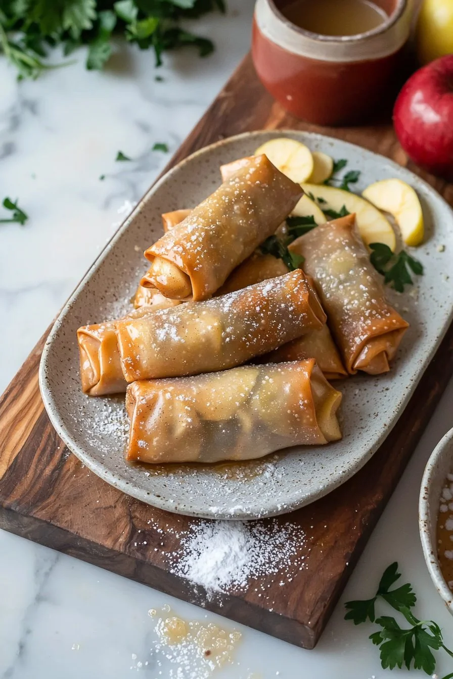 Crispy apple pie egg rolls served with cinnamon sugar and caramel sauce