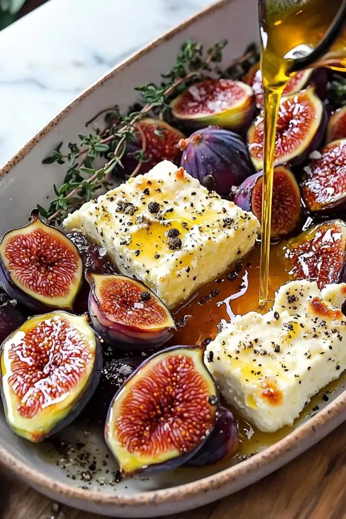 Baked feta with figs served on a rustic wooden board