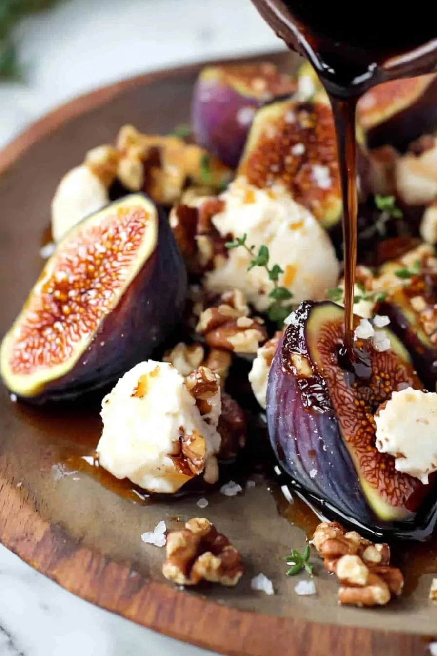 Delicious baked figs topped with creamy goat cheese and drizzled with honey