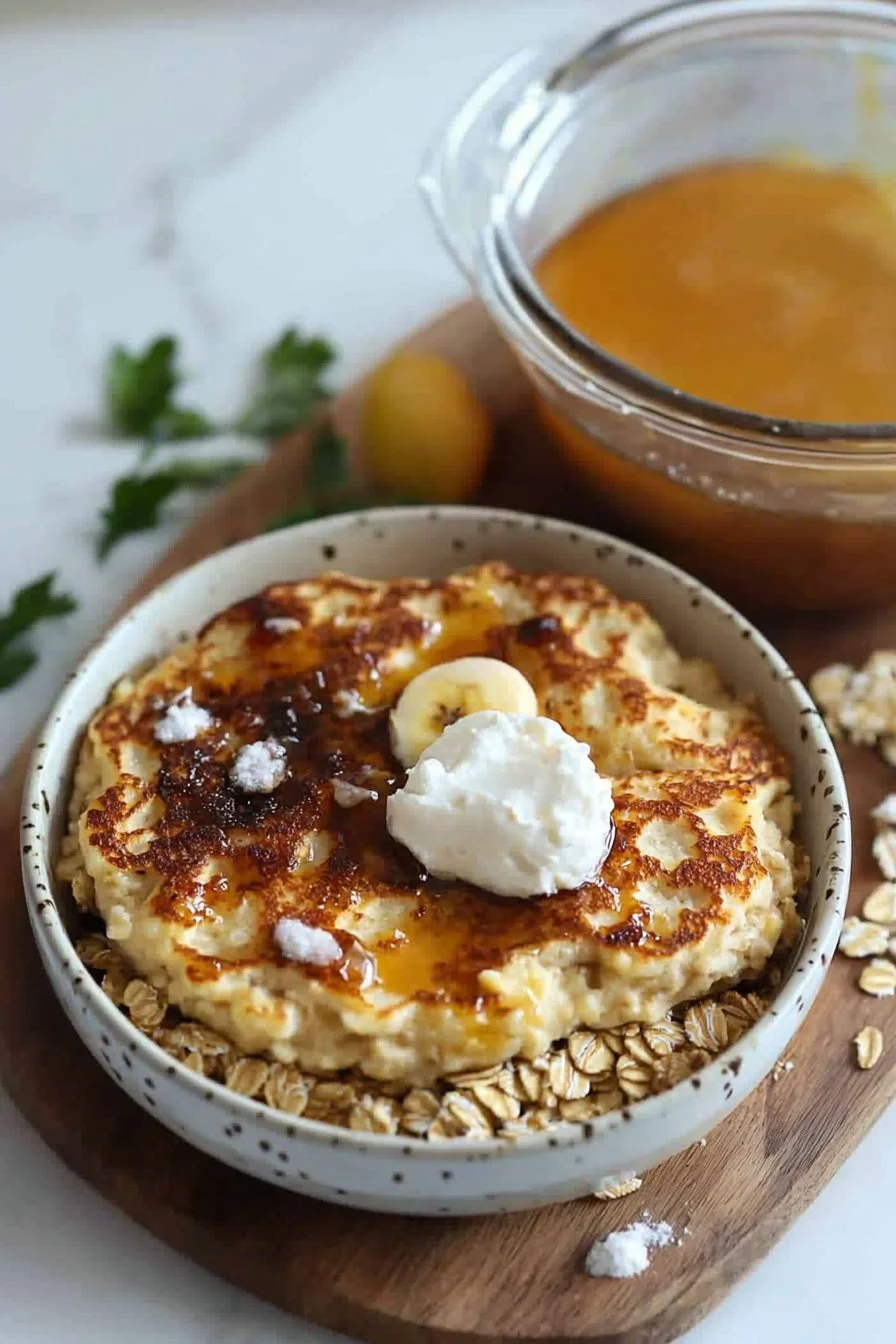 Delicious baked protein pancake bowls topped with fresh fruits and nuts