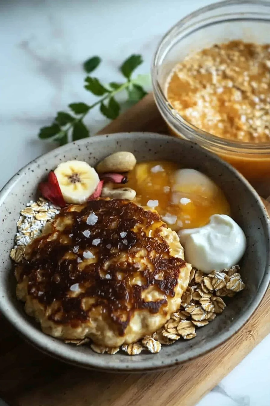 Baked protein pancake bowls topped with fresh fruit and syrup